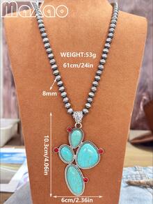 高品质女士复古波西米亚风西部绿松石吊坠仿珍珠项链，2026新款，百搭风格，适合日常佩戴或聚会场合，2026新款设计，是重要节日馈赠亲友或自用的完美之选，佩戴后定能收获赞美，立即添加到您的珠宝收藏中吧！如果您对产品满意，请留下五星好评并分享您的美照。 - 多色仙人掌 - 查看 4