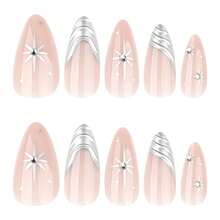 Nâng tầm diện mạo tức thì với bộ 24 móng tay giả cá tính, phong cách hiện đại tối giản, thanh lịch cổ điển, cá tính đường phố, đính đá lấp lánh màu bạc, họa tiết ngôi sao, sóng 3D, kiểu Pháp, hình hạnh nhân cỡ trung bình. Thích hợp cho các cô gái và phụ nữ cá tính, sử dụng hàng ngày và khi đi mua sắm. - Bạc - Xem 2