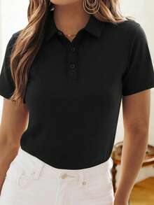 女士夏季速干Polo衫，商务休闲修身短袖T恤，弹力纯色上衣，适合日常穿着、办公室、聚会、派对等场合。 - 黑色 - 查看 8