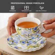 Tea Cup And Saucers 6.4oz Floral Tea Cups With Gold Trim Porcelain Teacup Coffee Cappuccino Espresso Latte Mugs For Party Birthday Party Cafe Home Christmas Gift Blue - 鳶尾花 - 藍色 - 查看 3