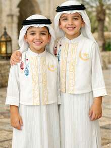 Bộ áo sơ mi và áo choàng dệt kim 2 món dành cho bé trai, lấy cảm hứng từ các yếu tố văn hóa phong phú, kết hợp giữa thiết kế truyền thống và hiện đại, mang đến nét độc đáo cho trang phục của bé trai. - trắng - Xem 6