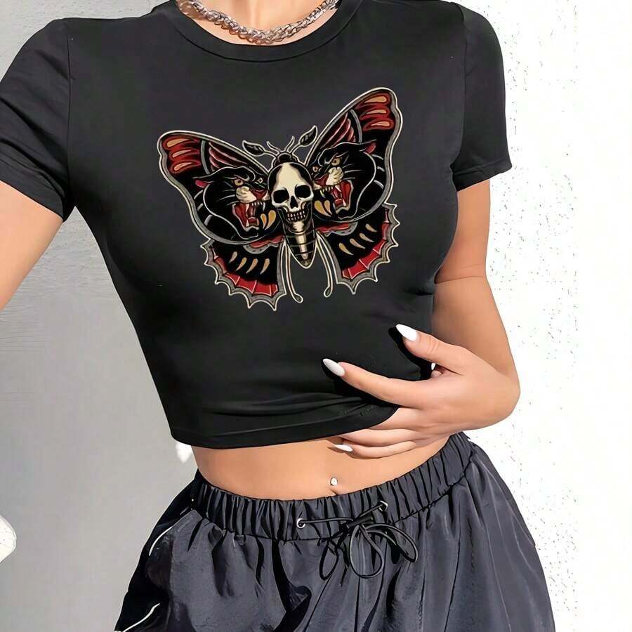 1pc Y2K Style Women'S Casual Crew Neck Short Sleeve T-Shirt With Geometric Butterfly Print, Polyester Knit Fabric, Spring Summer Fashion Top - Black - View 1