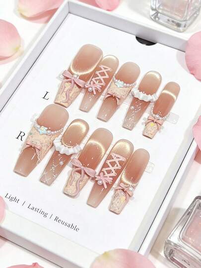 10Pcs Long Coffin Press On Nails, Ballet Style Nude Pink Gradient Fake Nails With 3D Bow & Lace Decor, Reusable Glue On Nails For Women & Girls