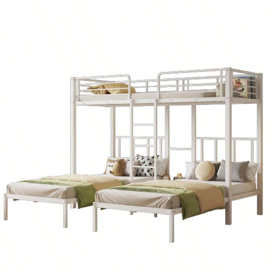 [30544849SAA] Letto a castello triplo con scaletta per bambini e ragazzi, letto in ferro con sponda di  e tavolo, nero 90x200cm*3 - Bianco - Visualizzare 1