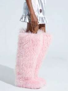 Women's Winter Knee High Boots Pull-On Faux Fur Round Toe Strap Boots For Women Comfy Plush Warm Outdoor Indoor Flat Shoes Punk Party Dressy Furry Fluffy Winter Autumn Fall Boots - Hồng dài - Xem 6