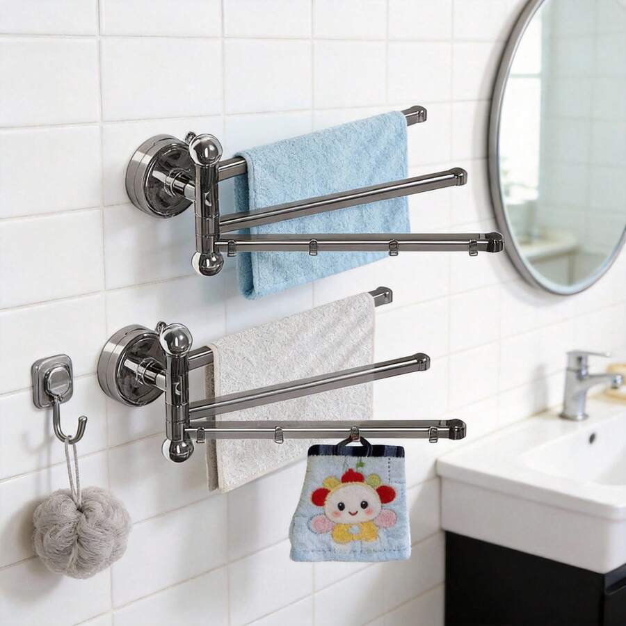 No-Drills 270° Swivel Towel Bar: 3-Arm Suction Cup Holder For Fast Drying & Organizing In Bathroom & Kitchen - Black - View 1