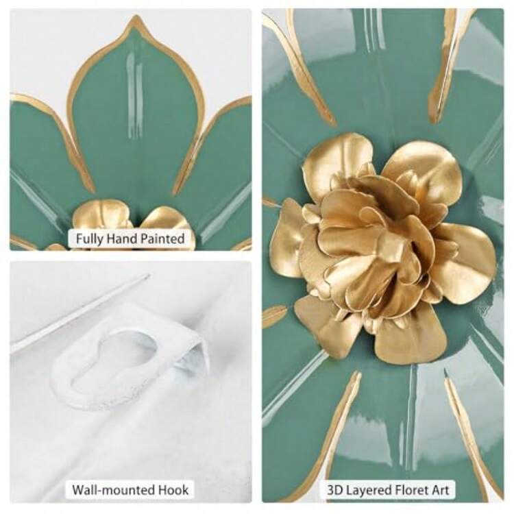 Flores de metal de 10 pulgadas decoración de pared de metal floral 3D verde y dorado decoración de pared para uso en innoor y al aire última intervensión arte de pared clásico y moderno para baño - #3 Verde - Añade 1