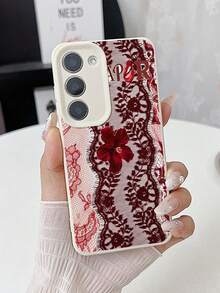 1pc Fashion Red Lace Slogan & Flower Pattern Litchi Texture Anti-Drop Anti-Slip Soft Phone Case Protective Cover Compatible With Apple, Phones - Multicolor - View 1