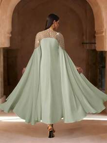 Eleganter weißer Langarm Kaftan Bademantel, verziert mit exquisiter Perlenbestickung, luxuriöser langer Abaya, würdevoll und angemessen, arabischer Stil Bademantel für Frauen im Frühling - Minzgrün - Übersicht 2
