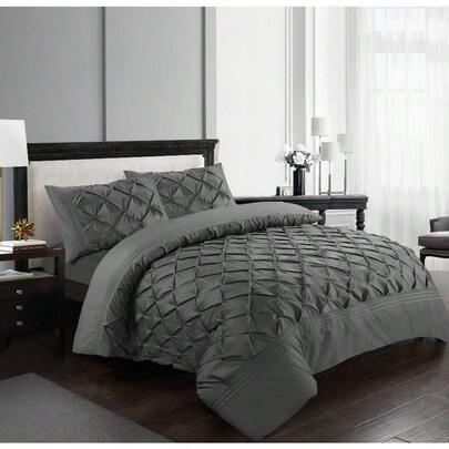 3pcs Deluxe Pintuck Pinch Pleated Duvet Cover Set High Thread Count Soft Quilt Covers Breathable Easy Care & Machine Washable Bedding Set With Pillowcases Double Super King Sizes