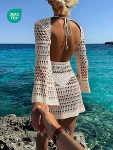 女士镂空露背长袖钩针编织罩衫连衣裙，波西米亚风沙滩装，春夏款 - 杏色 - 查看 2