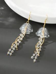 1 Đôi bông tai dáng dài hình sứa dễ thương dành cho nữ, kiểu dáng cổ điển với tua rua dài, phụ kiện trang sức phong cách đại dương độc đáo, món quà hoàn hảo cho phụ nữ và bé gái. - Trắng + Vàng - Xem 2