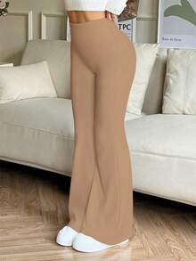 高腰弹力喇叭裤、瑜伽紧身裤、压缩打底裤、跑步健身裤、透气速干运动裤、春夏款 - 大地色 - 查看 4