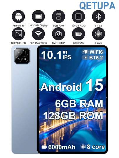  Tableta Android Qetupa de 15.10.1 pulgadas, procesador Octa-Core T310 de 2.0GHz, 6GB de RAM + 128GB de ROM (admite expansión de tarjeta SD de hasta 1TB), pantalla táctil IPS HD de 1280*800, cámara frontal de 5MP + cámara trasera de 13MP, batería de 6000mAh, Wi-Fi 6 802.11ax, Bluetooth 5.2, GPS, puerto de carga Tipo C. No se admite tarjeta SIM.
