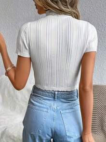 Women's White Cable Knit Cropped Top, Turtleneck Short Sleeve Ribbed Knit Sweater, Fashionable High Elasticity Autumn Top Summer - White - View 3