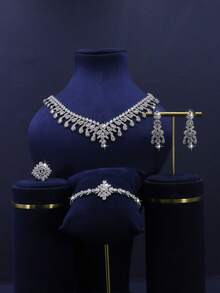 5件套奢华皇家风格水滴流苏新娘首饰套装，包括项链、手链、耳环、戒指，适合日常婚礼佩戴，结婚周年纪念礼物（附赠金色礼盒） - 白色 - 查看 2