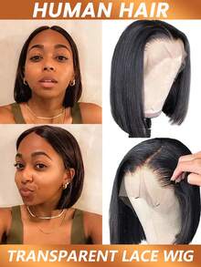 13*4 透明蕾丝前假发，预先拔毛的波波头直发短款真人发假发，适合女性，150% 密度 - Natural Black - 查看 3