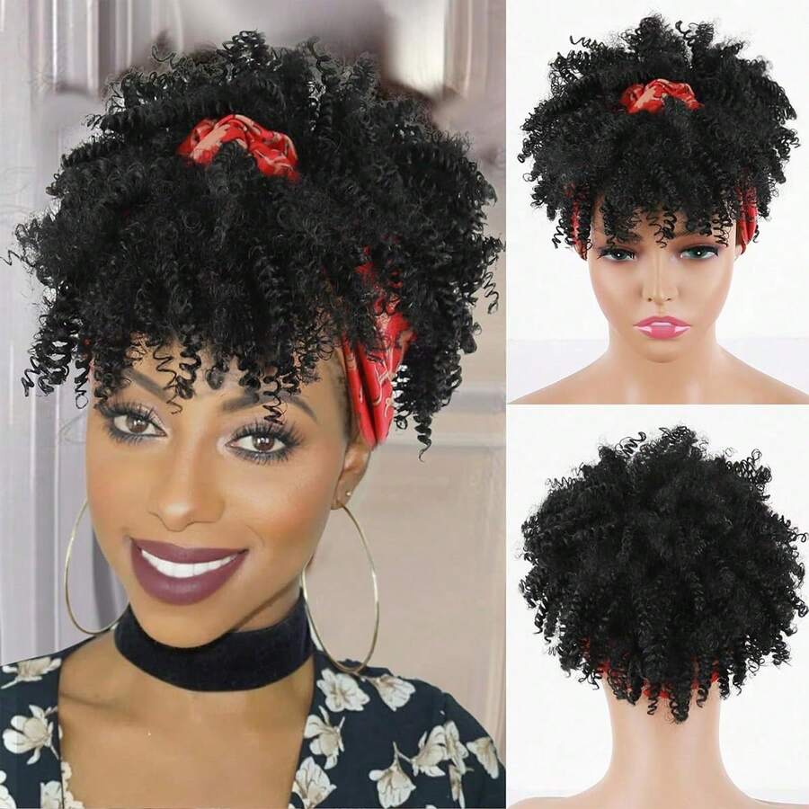 Black Headband Wigs For Women Afro Kinky Curly Wig With Synthetic Short Hair Wigs With Headband Attached Headwrap Wigs Kinky Curly Headband Wig - 黑色紅色 - 查看 1