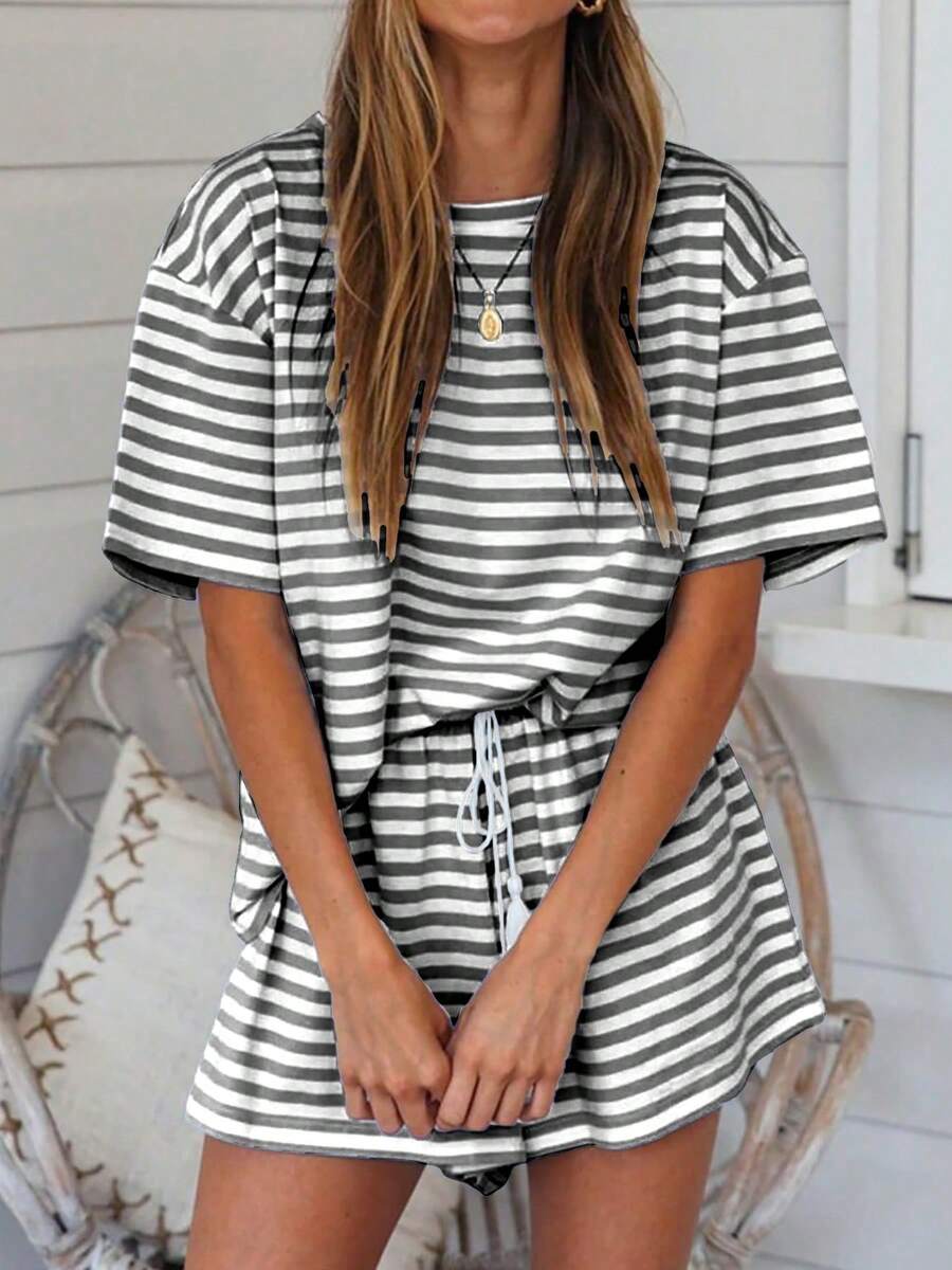 2-Piece Set, Simple And Fashionable, Stripes, Contrast Colors, Four Seasons, New Style, Loose, Casual, Tassel Drawstring, Pockets, Short-Sleeved Shorts, Home Clothes Set, Suitable For Family Wear - Dark Grey - View 1
