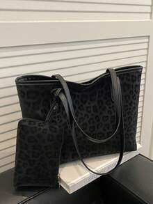 Bolso de mano grande con estampado de letras, bolso de hombro a cuadros para mujer, estilo para ir al trabajo - Negro - Ver 2