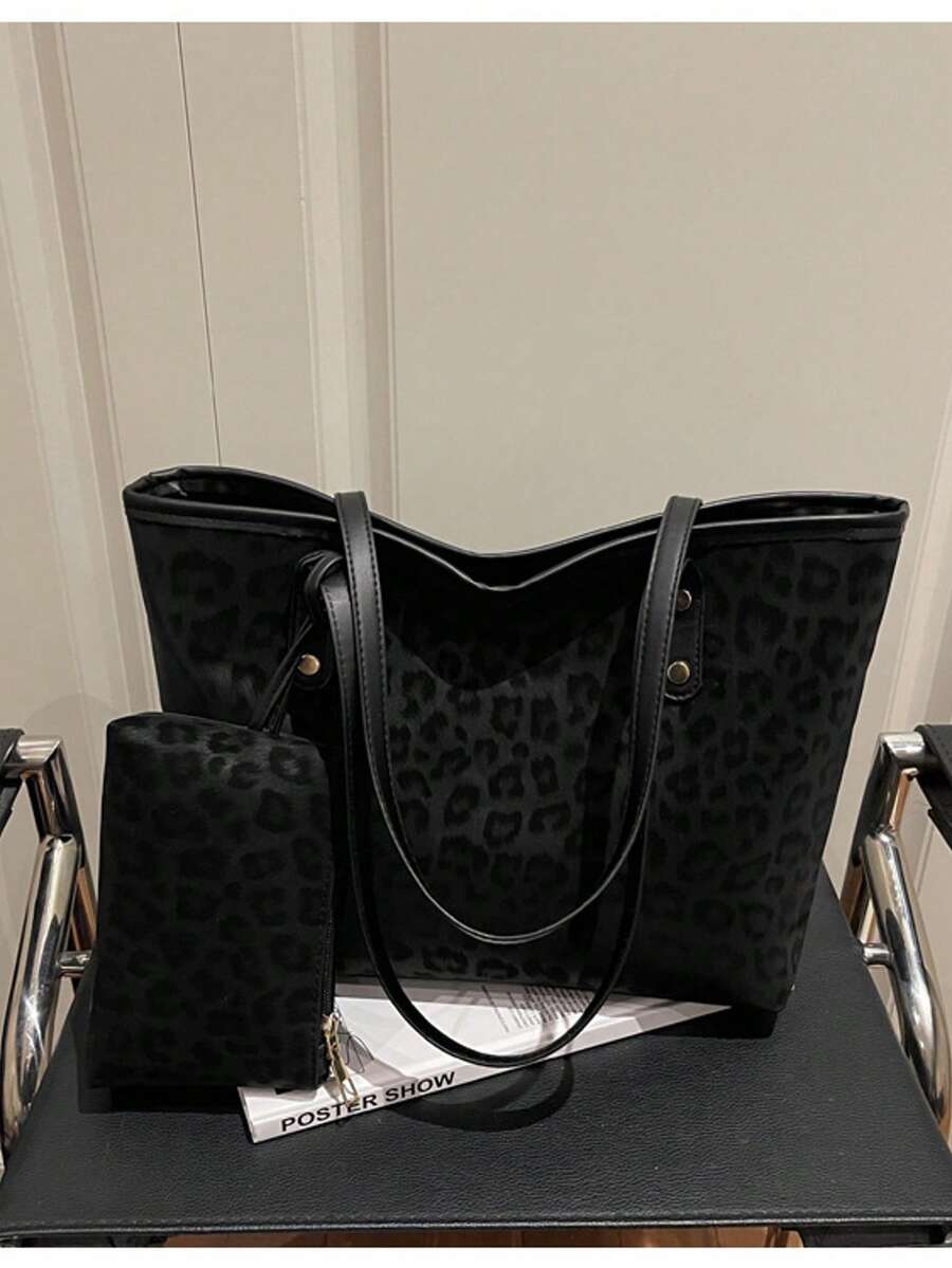 Bolso de mano grande con estampado de letras, bolso de hombro a cuadros para mujer, estilo para ir al trabajo - Negro - Ver 1