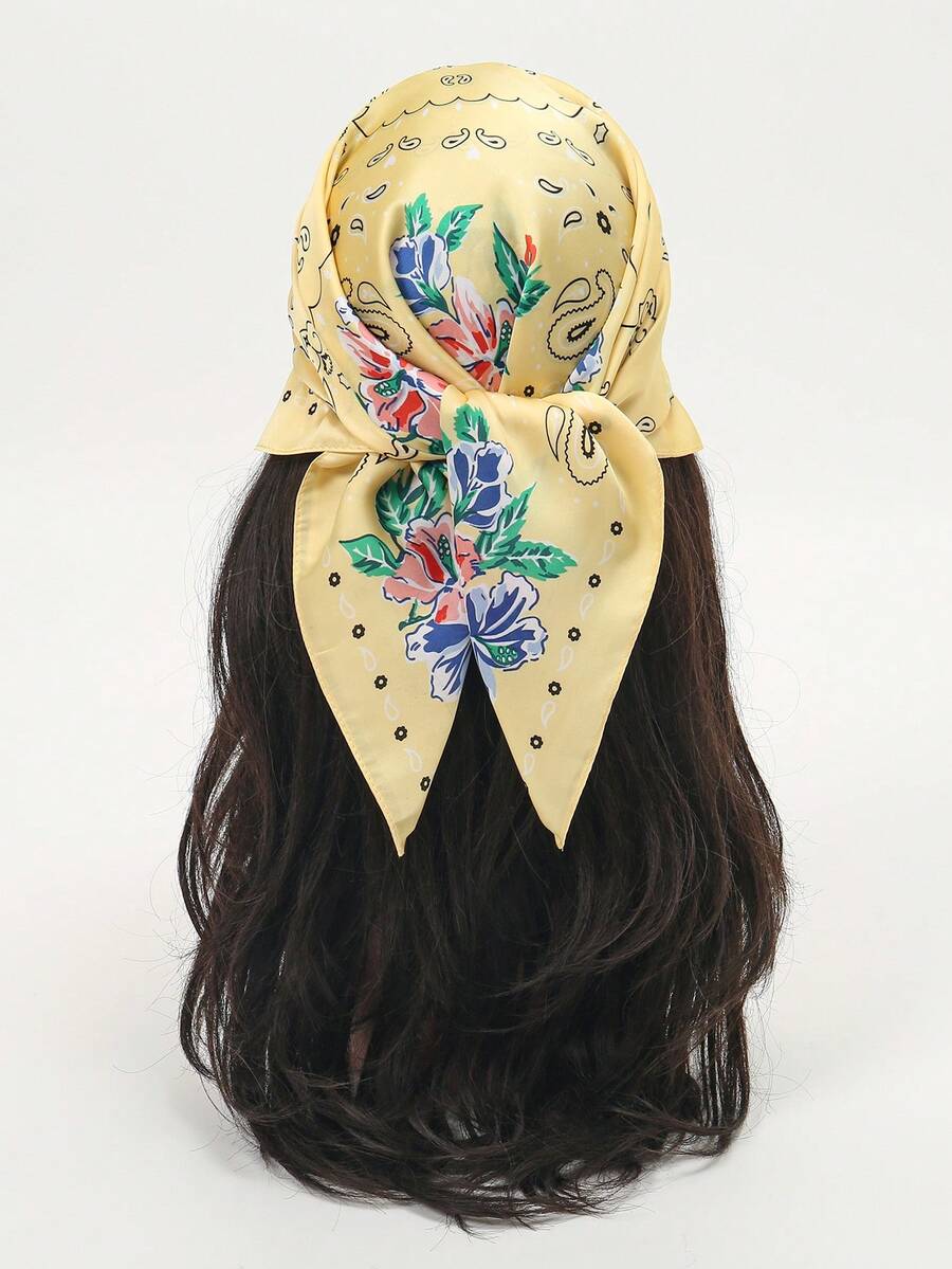 26.77英寸仿丝印花方巾，68厘米女士时尚透气多功能头巾、颈巾、披肩配饰，1条装 - S50579-黃色腰果 - 查看 1