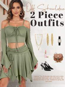 ThusFar Sexy Fairy Off-Shoulder Ruffled Duo| Corset Crop & High-Waist Skater Skirt| Sparkly Y2K Fairycore| Birthday-Party To Rave Essential - màu xanh lá - Xem 3