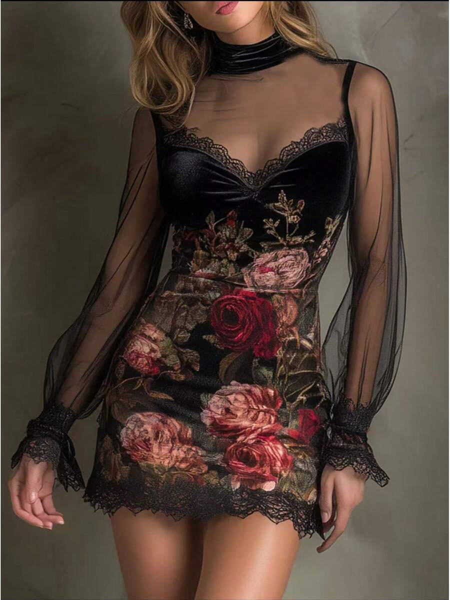 Dresses For Women Sweater Dress Women Vestidos De Invierno Mujer Vestidos De Mujer Christmas Outfit Women Vestidos Elegantes De Mujer Sexy Lace Lace Patchwork Dress, Floral Print Mesh Design, Hip-Hugging Short Skirt,It Is Suitable For All Seasons And Can Be Worn For Outings. It Is Suitable For Cocktail Parties, Parties, Christmas, Nightclubs, Banquets, Film Festivals, Cinemas, Dances, Cocktail Parties, Bars, Weddings, Graduation Ceremonies, Back-To-School Events, Birthday Parties, Rebellious Girls, Festival-Themed Parties, Outings, Street Fashion, Fashion Shows, Dates, Valentine's Day, Going Out To Work At University, Schools, Villages, Concerts, Street Girls, Young Ladies, Country Outfits For Women, The Best For Women When Going Out, Women's Vacation Clothing, Country Music Concerts, Country Concert Outfits, New Year's Outfits For Women - 黑色 - 查看 1