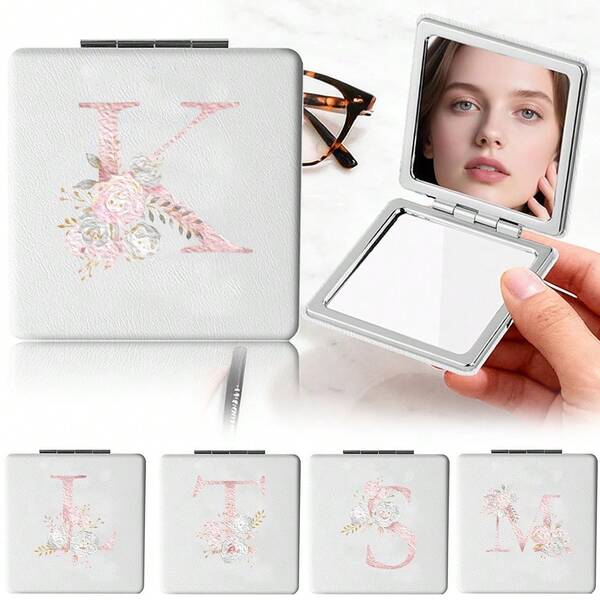 1个折叠手持化妆镜 专业双面化妆镜 PU表面口袋镜 手提包便携化妆镜 旅行装饰 复古手持镜 可爱女孩礼物 首字母姓名26个字母图案