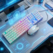 Keyboard And Mouse Set, Mechanical Feel, Ultra-Fast Response With No Lag, RGB Rainbow Lighting, 104-Key Silent Keyboard, Ergonomic Design, Perfect For Office And Gaming, Excellent Feel - Bàn phím màu trắng - Xem 1