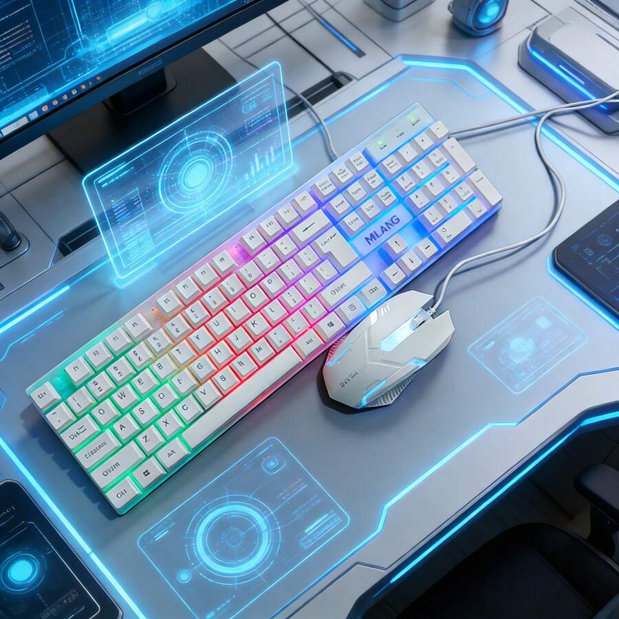 Keyboard And Mouse Set, Mechanical Feel, Ultra-Fast Response With No Lag, RGB Rainbow Lighting, 104-Key Silent Keyboard, Ergonomic Design, Perfect For Office And Gaming, Excellent Feel - Bàn phím màu trắng - Xem 1