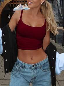 Vaiaye 女士时尚内衣风上衣，春夏圆领修身休闲度假性感吊带背心，无袖吊带T恤，适合日常穿着、工作通勤。 - 玫紅色 - 查看 4