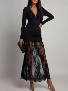 Nueva falda transparente con parches de encaje elegante, adecuada para citas y vacaciones a principios de primavera - Negro - Ver 4