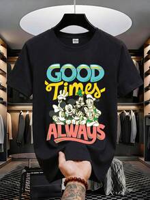 Disney 男士米奇老鼠T恤，印有“神奇时刻永不褪色”标语，米奇和朋友们图案，度假主题设计，适合日常穿着、海滩度假、男士时尚和嘉年华活动。 - 黑色 - 查看 2