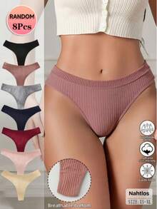8pcs Assorted Colors Cotton Ribbed Thongs For Women - Soft, Breathable Blend, Stretchy Underwear | Comfortable & Durable For Casual Attire - Màu hỗn hợp - Xem 1