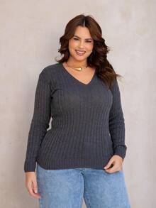 Women's Plus Size Knit Blouse With Braided Detail, V-Neck, Long Sleeves, Casual Style - 石墨 - 查看 3
