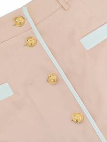 Women's Casual Elegant Daily Versatile High Waist Slimming Metal Button Front Slit Design Contrast Trim Straight Skirt, Pink, Spring/Summer - Pink - View 8