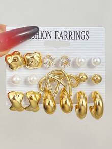 VKME 18PCS Metal Material Asymmetrical Bow Zirconia Fresh Lovely Earrings Ladies Casual Wear - Yellow Gold - View 2