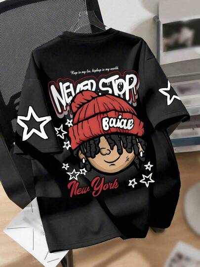 1pc Hip-Hop Street-Style Short-Sleeve T-Shirt For Boys, "NEVER STOP" Graffiti Cartoon Printed Top, Essential For Daily School Wear