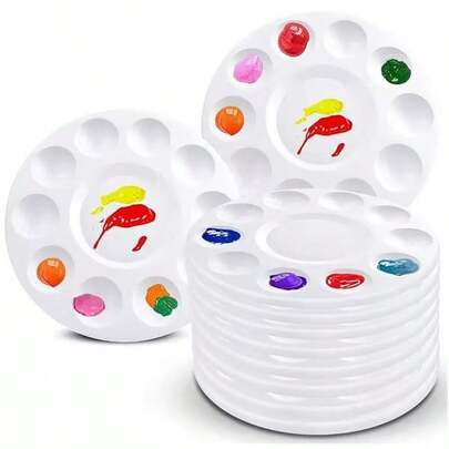 10/5pcs White Plastic Rectangular 6-Well & Round 10-Well Painting Palette, Portable Watercolor, Gouache, Acrylic Mixing Tray, Convenient & Practical