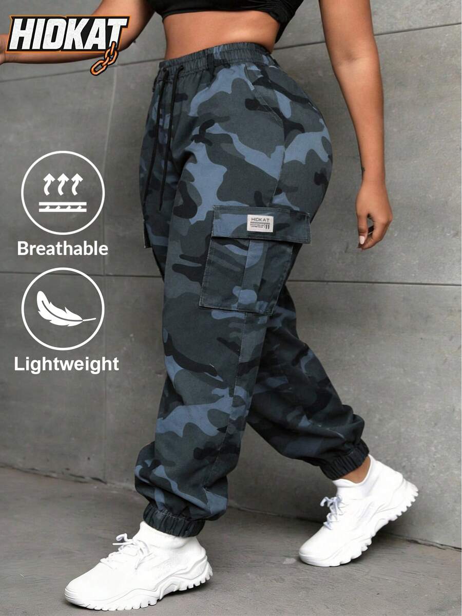 Hidkat 女士迷彩工装裤 | 抽绳腰带束脚裤，带侧袋 | Y2K街头风休闲日常户外裤 春季款