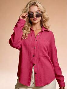 Women's Loose-Fit Crinkled Button-Down Shirt - White & Multi-Color, Long Sleeve, Collared, Casual Spring & Fall Top, Ladies Outdoor Shirt, Minimalist Stylish Daily Wear, All-Age Home & Leisure Blouse - 紅色 - 查看 3