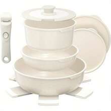 YASHE 9pcs Pots And Pans Sets With Removable Handles, Non-Stick Cookware Set, White Granite Induction Cookwar, Stackable And Space-Saving Design - Variant - View 1