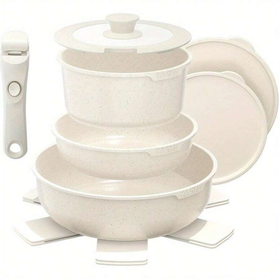 YASHE 9pcs Pots And Pans Sets With Removable Handles, Non-Stick Cookware Set, White Granite Induction Cookwar, Stackable And Space-Saving Design - Variant - View 1
