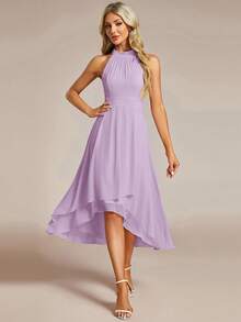 EVERPRETTY Đầm phù dâu bằng chiffon màu tím oải hương, hở lưng, xếp ly bồng bềnh, vạt trước ngắn vạt sau lệch, thích hợp cho đám cưới, tiệc tùng và các dịp trang trọng mùa xuân. - Màu tím hoa cà - Xem 3