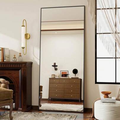 Vortisys Specchio quadrato a figura intera, 172 * 75 cm, specchio da parete con supporto pieghevole, in vetro temperato, design infrangibile, cornice in lega di alluminio, adatto per camere da letto, soggiorni e spogliatoi