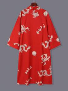 Chinese Style Retro Loose Mid-Length Festive Red Dragon Print Kimono Cardigan, Casual Home Robe With Tie Waist, Lightweight Summer Beach Cover-Up, Thin Outerwear - Red - View 4