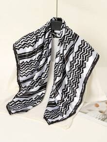 1pc Women's 2026 Spring/Summer Fashion Wave Line Digital Print 90*90cm Bandana Headscarf, Casual Versatile Headwrap, Multifunctional Headband, Suitable For All Seasons - Black and White - View 2