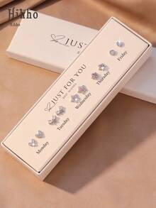 Hihho 10件套（优雅白色礼盒）闪亮立方氧化锆蝴蝶心形耳环，7天耳环套装，心形、星星、蝴蝶结银色耳钉，优雅女士的最佳礼物 - 金色 - 查看 5