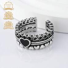 1入組S925純銀黑色心形復古朋克嘻哈中空女士戒指，可調整 - 銀色 - 查看 4